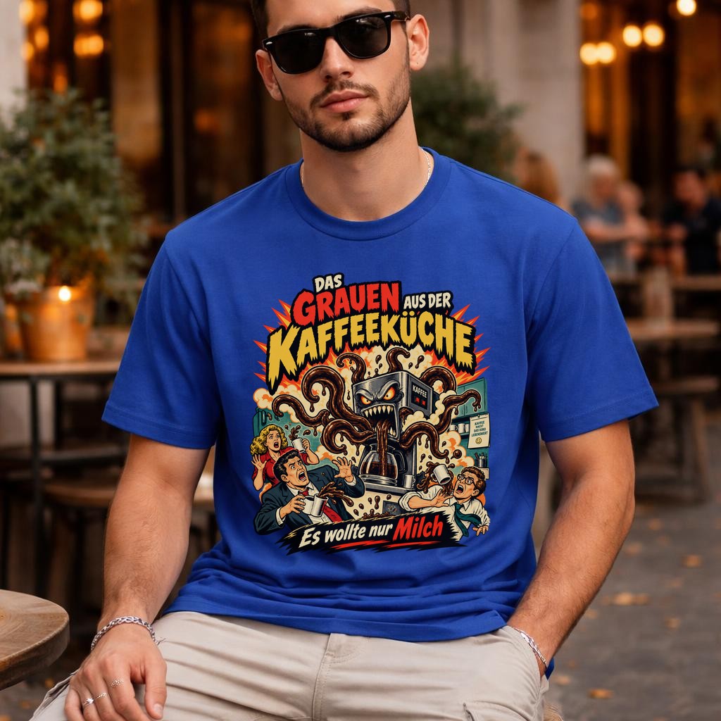 Lustiges Büro Kaffee T-Shirt Herren Damen – Das Grauen aus der Kaffeeküche – Sarkastisches Funshirt Arbeit