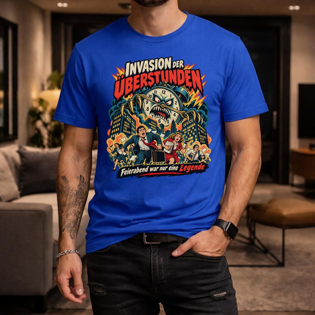 Invasion der Überstunden T-Shirt Herren Lustig Büro Spruch Retro Monster Clock Shirt Feierabend Legende Geschenk Kollege