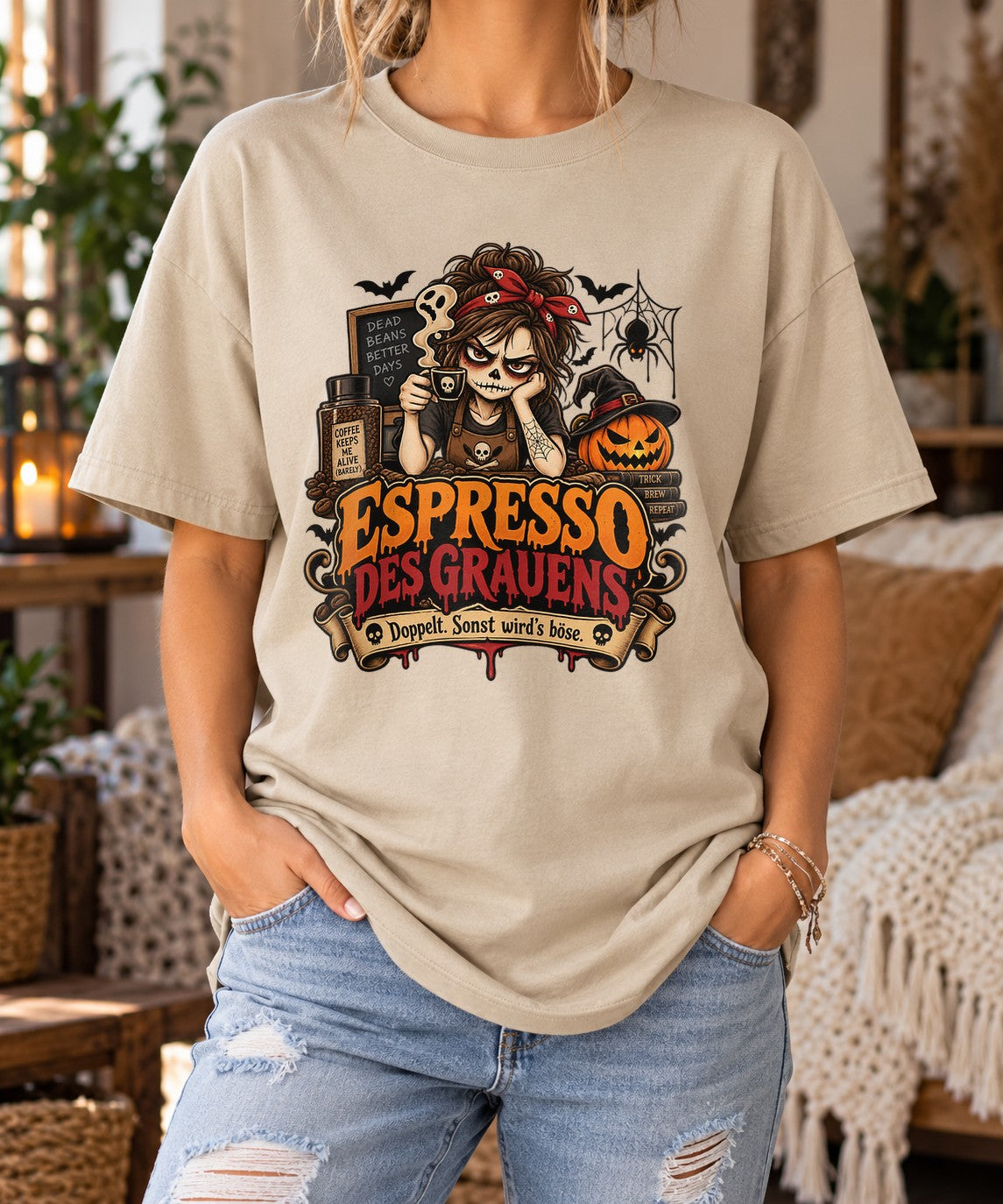 Espresso des Grauens T-Shirt Damen Halloween Kaffee Gothic Shirt lustig Koffein Spruch Herbst Hexe Pumpkin Tee