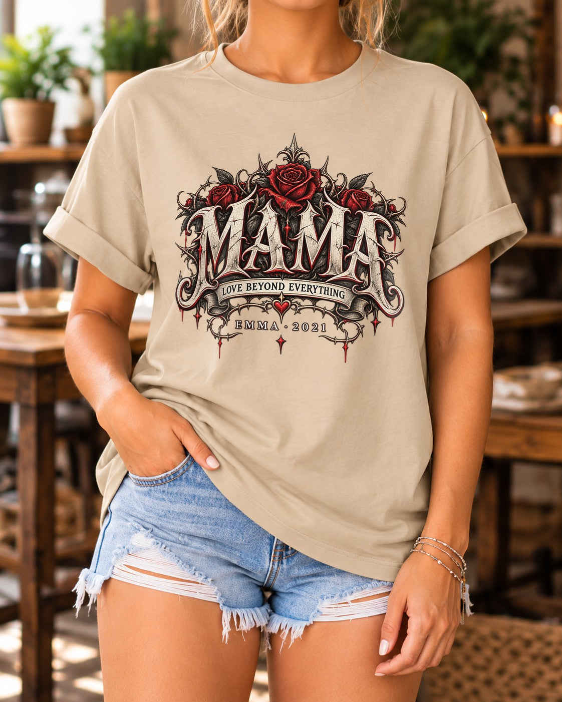 Personalisiert Mama T-Shirt mit Namen & Wunschjahr, Gothic Rosen Shirt Damen, Geschenk für Mutter individuell