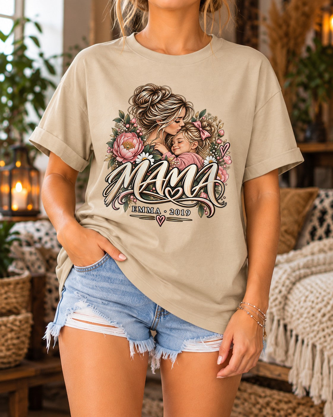 Personalisiert Mama T-Shirt mit Name & Wunschjahr, Blumen Mutter Tochter Shirt, Geschenk fuer Mama, Mama Geschenk individuell