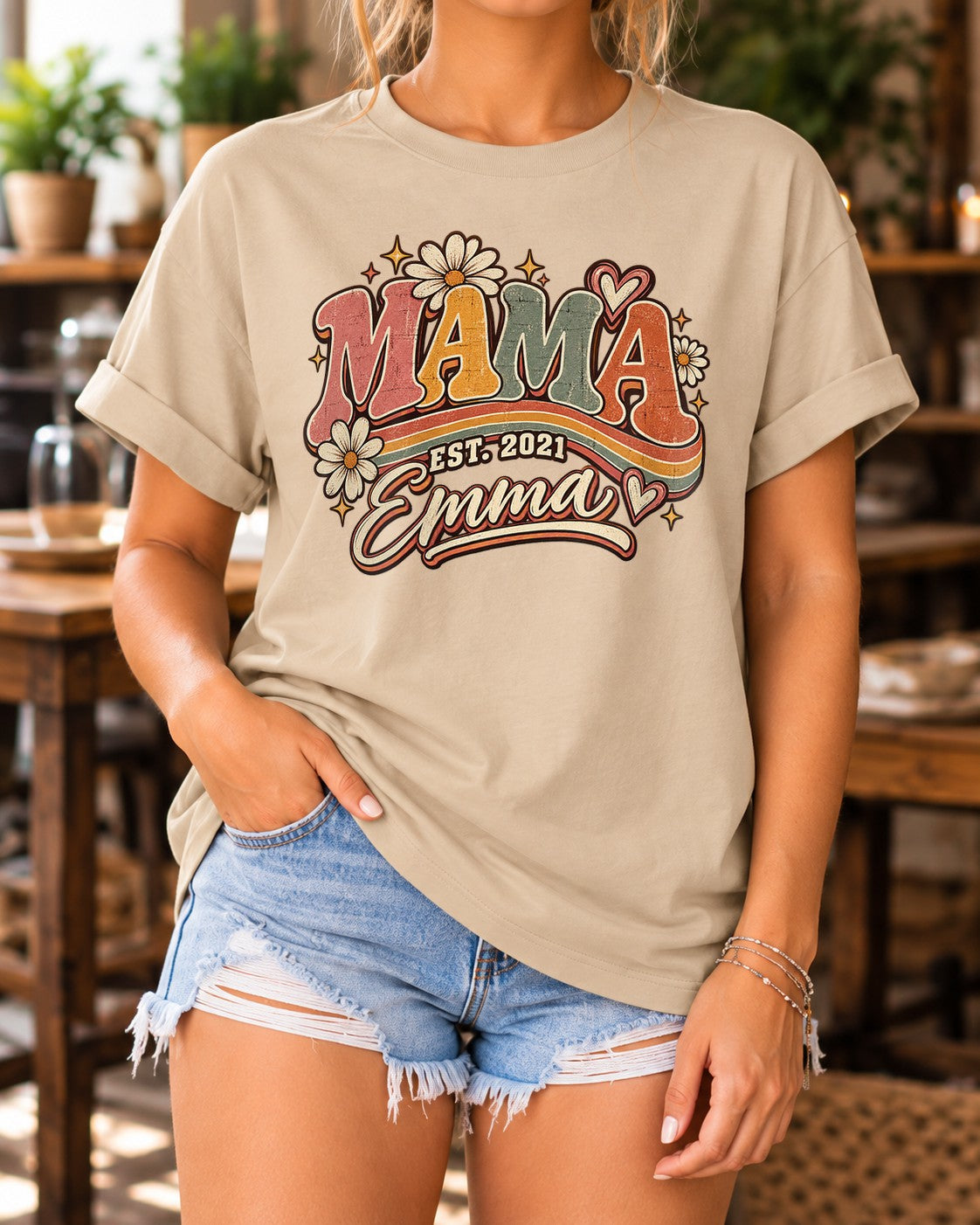 Personalisiert Mama T-Shirt mit Namen & Wunschjahr, Retro Blumen Vintage Geschenk für Muttertag, Mama Shirt Damen