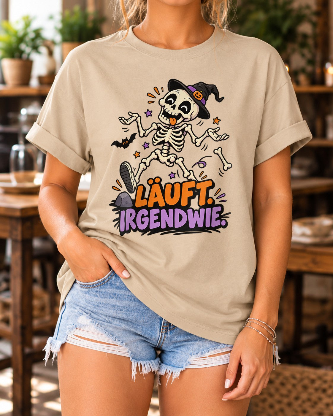Halloween Skelett T-Shirt Damen Oversized Lustig Läuft Irgendwie Spruchshirt Vintage Washed Gothic Herbst