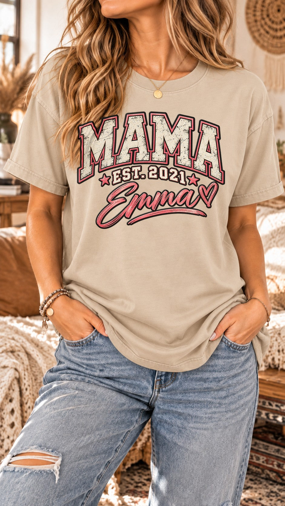 Personalisiert Mama T-Shirt mit Namen & Wunschjahr, Vintage College Shirt Damen, Geschenk für Mutter Geburtstag