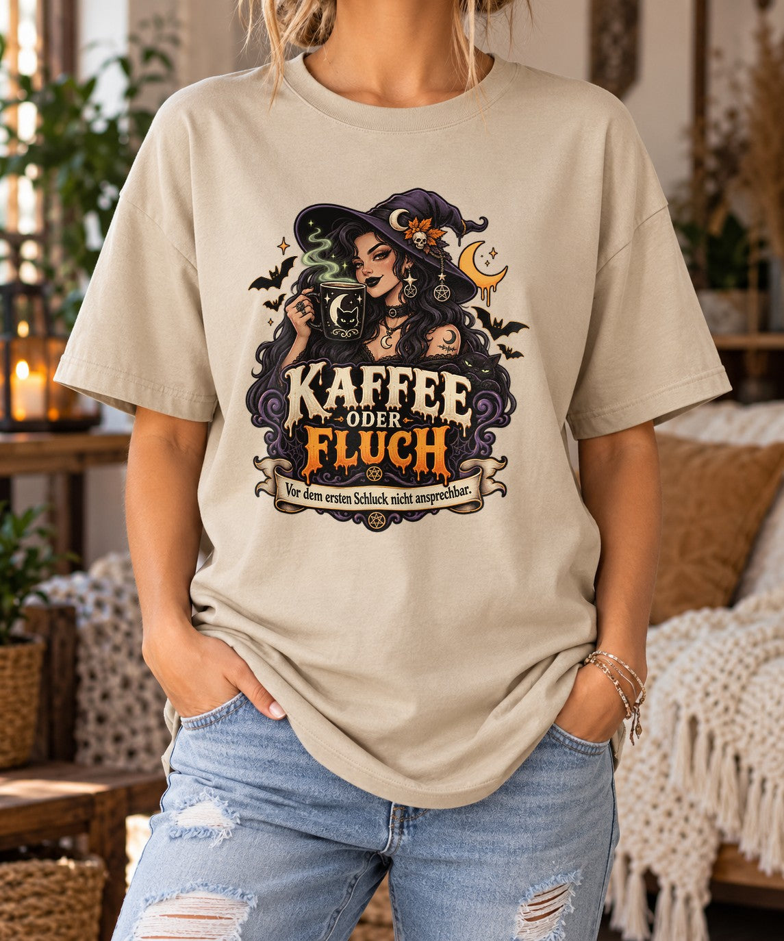 Kaffee oder Fluch T-Shirt Damen Oversized, Gothic Hexe Kaffee Spruch Shirt, Lustiges Halloween Witchy Tee