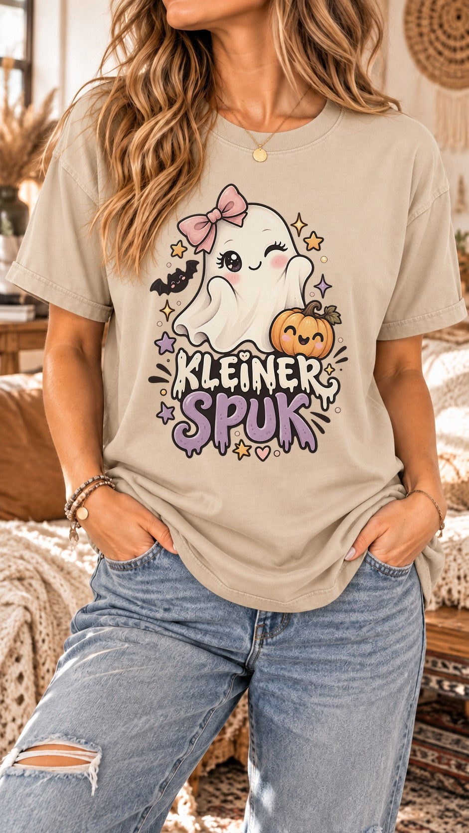Kleiner Spuk Halloween T-Shirt Damen Cute Ghost Shirt Kawaii Kürbis Herbst Oversized Boho Gruselshirt Geschenk