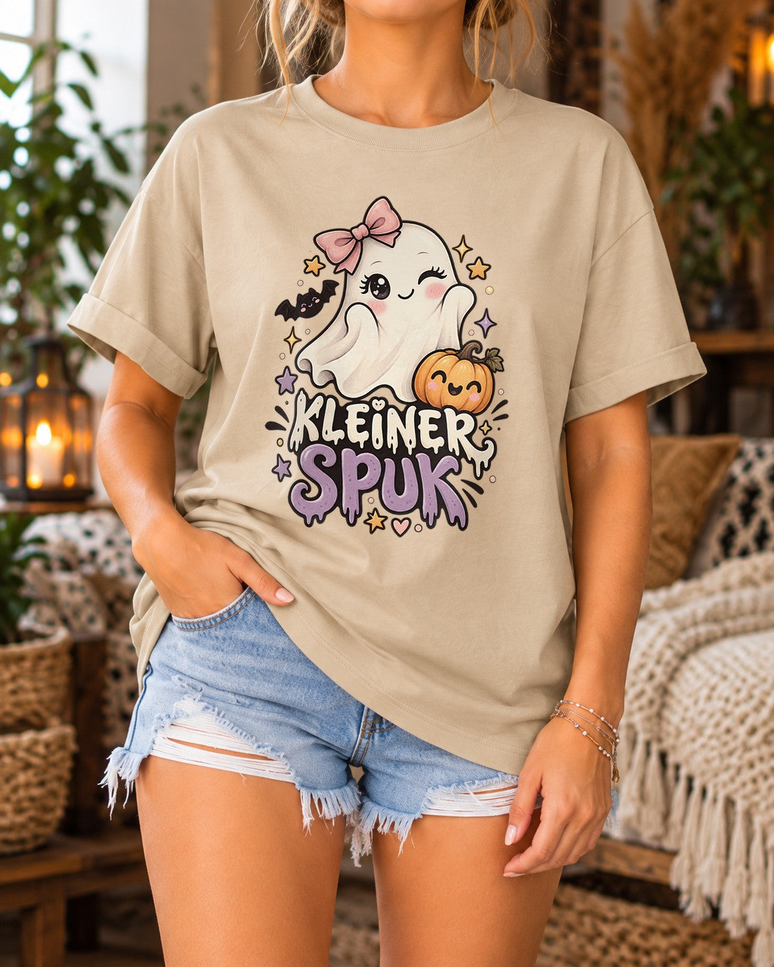 Kleiner Spuk Halloween T-Shirt Damen Oversized Cute Ghost Shirt Herbst Kürbis Kawaii Spooky Season Geschenk