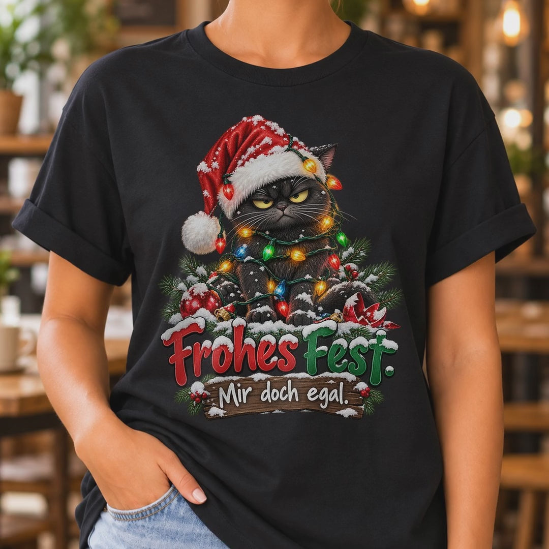 Frohes Fest Mir doch egal Shirt Damen, Lustiges Weihnachts Katzen T-Shirt, Sarkastisches Xmas Katzenmotiv Geschenk